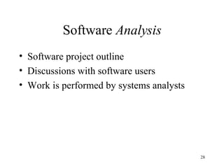 Software  Analysis Software project outline Discussions with software users Work is performed by systems analysts 