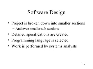 Software Design Project is broken down into smaller sections And even smaller sub-sections Detailed specifications are created Programming language is selected Work is performed by systems analysts 