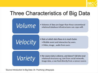 8
Three Characteristics of Big Data
Source Introduction to Big Data: Dr. Putchong Uthayopas
 
