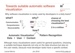 Towards suitable automatic software
visualization
Leonel Merino Jan 2016 merino@inf.unibe.ch
Communication
Comprehension
Discoverability
what? why? chance of
choosing the best
visualization?
2 in a million
how?
Automatic Visualization Pattern Recognition
Although many visualizations seem useful for general questions, choosing
a suitable technique depends not only on the data structure but also on
the user needs, because most developer tasks have a speciﬁc context.
Why software visualization is rarely used by developers in a daily basis?
Data | User | Context
 