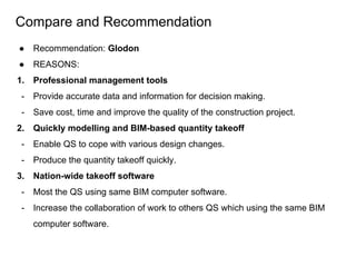 Compare and Recommendation
● Recommendation: Glodon
● REASONS:
1. Professional management tools
- Provide accurate data and information for decision making.
- Save cost, time and improve the quality of the construction project.
2. Quickly modelling and BIM-based quantity takeoff
- Enable QS to cope with various design changes.
- Produce the quantity takeoff quickly.
3. Nation-wide takeoff software
- Most the QS using same BIM computer software.
- Increase the collaboration of work to others QS which using the same BIM
computer software.
 