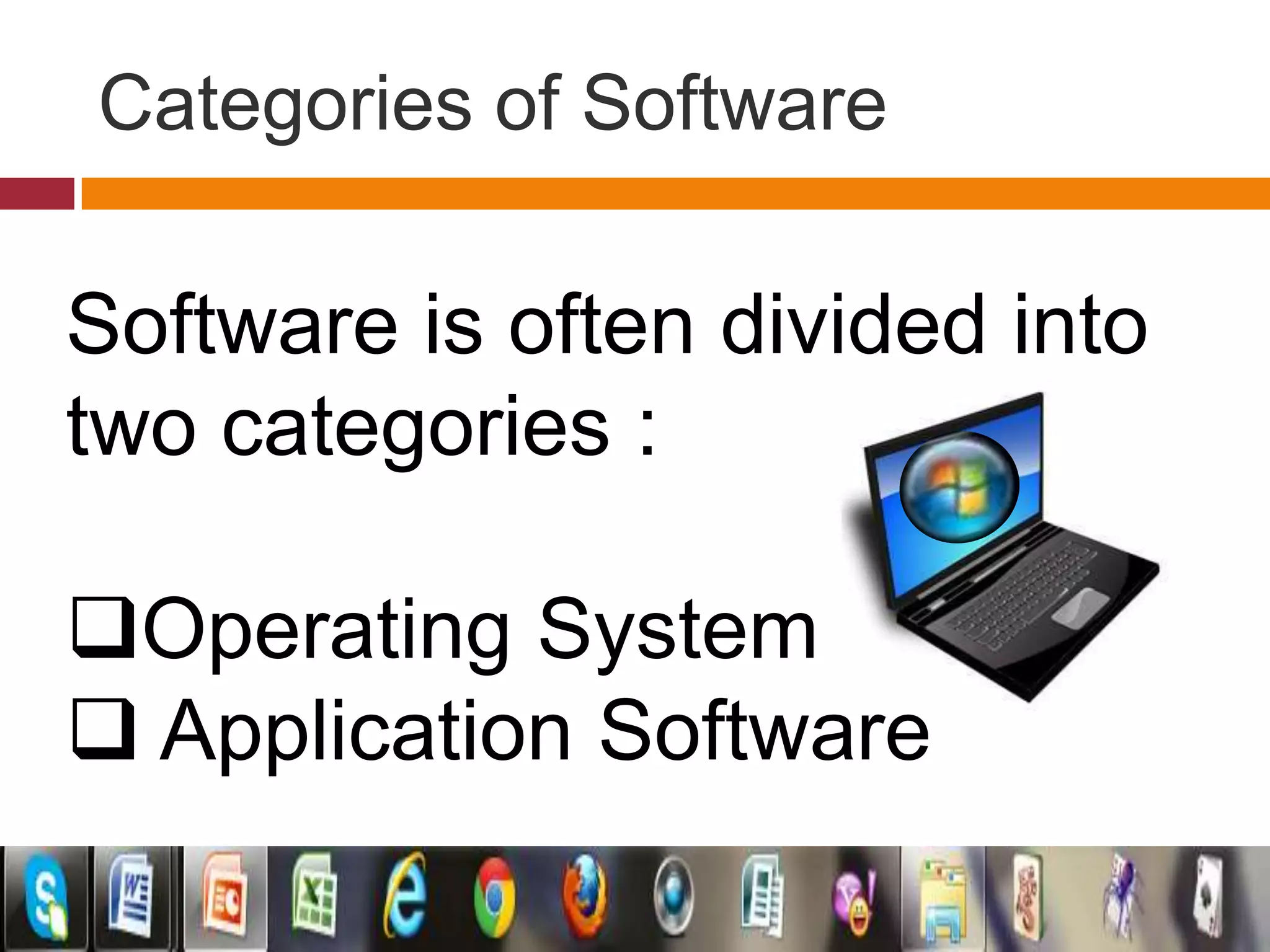 Categories of Software
Software is often divided into
two categories :
Operating System
 Application Software
 