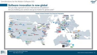 Battery Ventures Company Confidential | 23
2017
Considerations for the Modern Software CEO
* Denotes a current or former Battery portfolio company
*
*
*
*
*
**
*
*
*
*
*
*
*
*
**
*
*
*
Sample Company Examples from Disparate Geographies
Software innovation is now global
Are you fully cognizant of your international competitors?
Are you building your product and go-to-market for global scale?
Note: Map not to scale
 