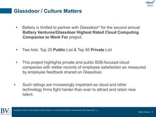Battery Ventures | 73
2018
Glassdoor / Culture Matters
 Battery is thrilled to partner with Glassdoor* for the second ann...