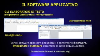 Sono i software applicativi più utilizzati e consentono di scrivere,
impaginare e stampare documenti di testo di qualsiasi tipo.
GLI ELABORATORI DI TESTO
(Programmi di videoscrittura - Word processor)
LibreOffice Writer
Microsoft Office Word
IL SOFTWARE APPLICATIVO
formazioneinformatica.altervista.org
 