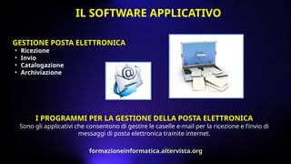 I PROGRAMMI PER LA GESTIONE DELLA POSTA ELETTRONICA
Sono gli applicativi che consentono di gestire le caselle e-mail per la ricezione e l’invio di
messaggi di posta elettronica tramite internet.
GESTIONE POSTA ELETTRONICA
• Ricezione
• Invio
• Catalogazione
• Archiviazione
IL SOFTWARE APPLICATIVO
formazioneinformatica.altervista.org
 