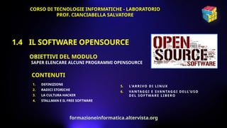 1.4 IL SOFTWARE OPENSOURCE
OBIETTIVI DEL MODULO
SAPER ELENCARE ALCUNI PROGRAMMI OPENSOURCE
1. DEFINIZIONE
2. RADICI STORICHE
3. LA CULTURA HACKER
4. STALLMAN E IL FREE SOFTWARE
5. L’ARRIVO D I LI NUX
6. VANTAGG I E SVANTAGGI DE LL’USO
DEL SOFTWARE LI BERO
CORSO DI TECNOLOGIE INFORMATICHE - LABORATORIO
PROF. CIANCIABELLA SALVATORE
CONTENUTI
formazioneinformatica.altervista.org
 