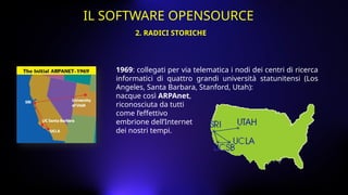 1969: collegati per via telematica i nodi dei centri di ricerca
informatici di quattro grandi università statunitensi (Los
Angeles, Santa Barbara, Stanford, Utah):
nacque così ARPAnet,
riconosciuta da tutti
come l’effettivo
embrione dell’Internet
dei nostri tempi.
2. RADICI STORICHE
IL SOFTWARE OPENSOURCE
 