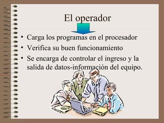 El operador Carga los programas en el procesador Verifica su buen funcionamiento  Se encarga de controlar el ingreso y la salida de datos-información del equipo. 