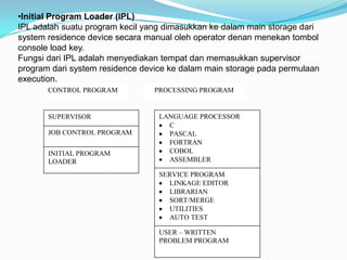 •Initial Program Loader (IPL)
IPL adalah suatu program kecil yang dimasukkan ke dalam main storage dari
system residence device secara manual oleh operator denan menekan tombol
console load key.
Fungsi dari IPL adalah menyediakan tempat dan memasukkan supervisor
program dari system residence device ke dalam main storage pada permulaan
execution.
       CONTROL PROGRAM           PROCESSING PROGRAM


       SUPERVISOR                 LANGUAGE PROCESSOR
                                    C
       JOB CONTROL PROGRAM          PASCAL
                                    FORTRAN
       INITIAL PROGRAM              COBOL
       LOADER                       ASSEMBLER

                                  SERVICE PROGRAM
                                    LINKAGE EDITOR
                                    LIBRARIAN
                                    SORT/MERGE
                                    UTILITIES
                                    AUTO TEST

                                  USER – WRITTEN
                                  PROBLEM PROGRAM
 