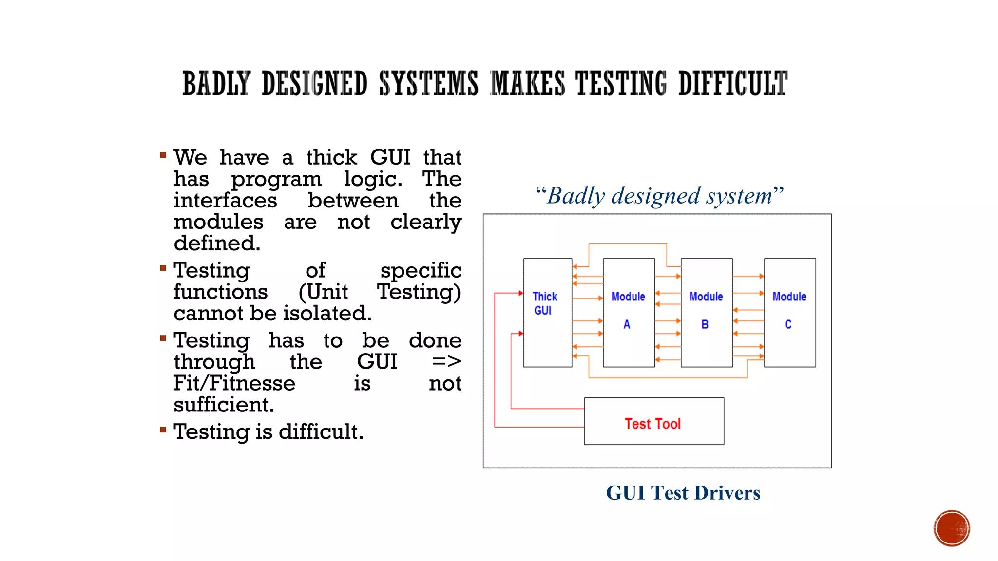  We have a thick GUI that
has program logic. The
interfaces between the
modules are not clearly
defined.
 Testing of specific
functions (Unit Testing)
cannot be isolated.
 Testing has to be done
through the GUI =>
Fit/Fitnesse is not
sufficient.
 Testing is difficult.
21
“Badly designed system”
GUI Test Drivers
 