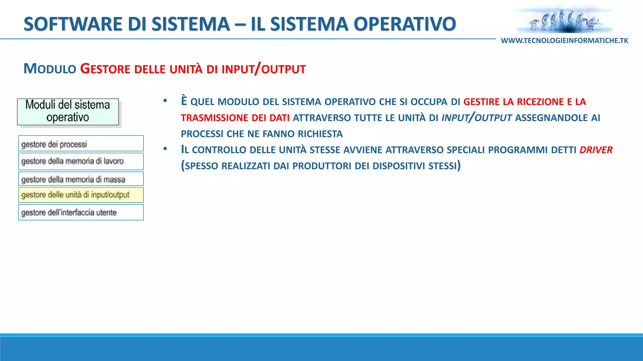 SOFTWARE DI SISTEMA – IL SISTEMA OPERATIVO
WWW.TECNOLOGIEINFORMATICHE.TK
MODULO GESTORE DELLE UNITÀ DI INPUT/OUTPUT
• È QUEL MODULO DEL SISTEMA OPERATIVO CHE SI OCCUPA DI GESTIRE LA RICEZIONE E LA
TRASMISSIONE DEI DATI ATTRAVERSO TUTTE LE UNITÀ DI INPUT/OUTPUT ASSEGNANDOLE AI
PROCESSI CHE NE FANNO RICHIESTA
• IL CONTROLLO DELLE UNITÀ STESSE AVVIENE ATTRAVERSO SPECIALI PROGRAMMI DETTI DRIVER
(SPESSO REALIZZATI DAI PRODUTTORI DEI DISPOSITIVI STESSI)
 