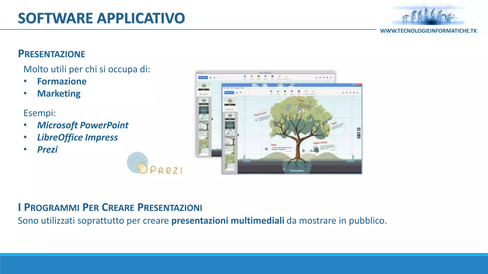 I PROGRAMMI PER CREARE PRESENTAZIONI
Sono utilizzati soprattutto per creare presentazioni multimediali da mostrare in pubblico.
Molto utili per chi si occupa di:
• Formazione
• Marketing
Esempi:
• Microsoft PowerPoint
• LibreOffice Impress
• Prezi
PRESENTAZIONE
SOFTWARE APPLICATIVO
WWW.TECNOLOGIEINFORMATICHE.TK
 