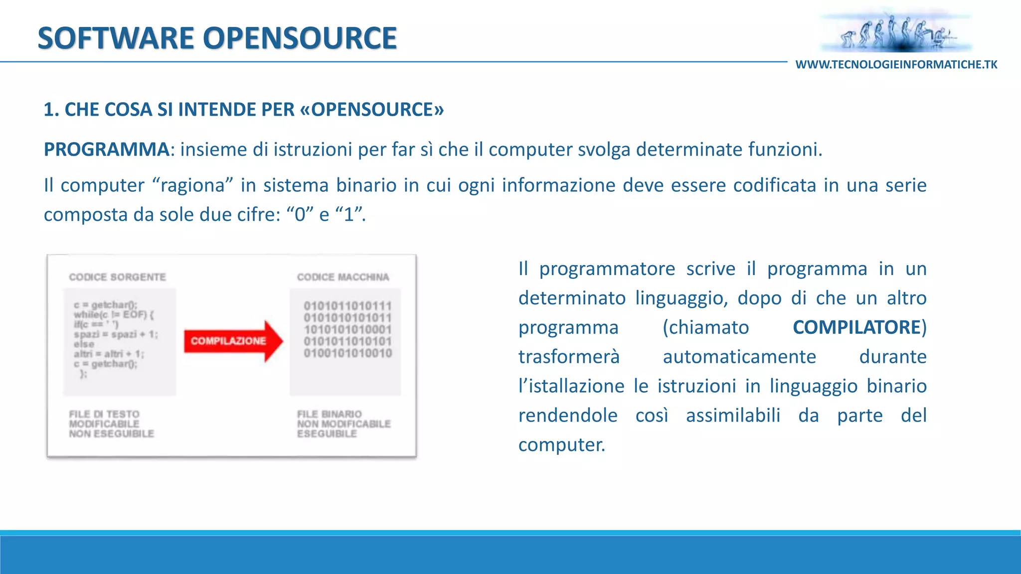 PROGRAMMA: insieme di istruzioni per far sì che il computer svolga determinate funzioni.
Il computer “ragiona” in sistema binario in cui ogni informazione deve essere codificata in una serie
composta da sole due cifre: “0” e “1”.
Il programmatore scrive il programma in un
determinato linguaggio, dopo di che un altro
programma (chiamato COMPILATORE)
trasformerà automaticamente durante
l’istallazione le istruzioni in linguaggio binario
rendendole così assimilabili da parte del
computer.
SOFTWARE OPENSOURCE
WWW.TECNOLOGIEINFORMATICHE.TK
1. CHE COSA SI INTENDE PER «OPENSOURCE»
 