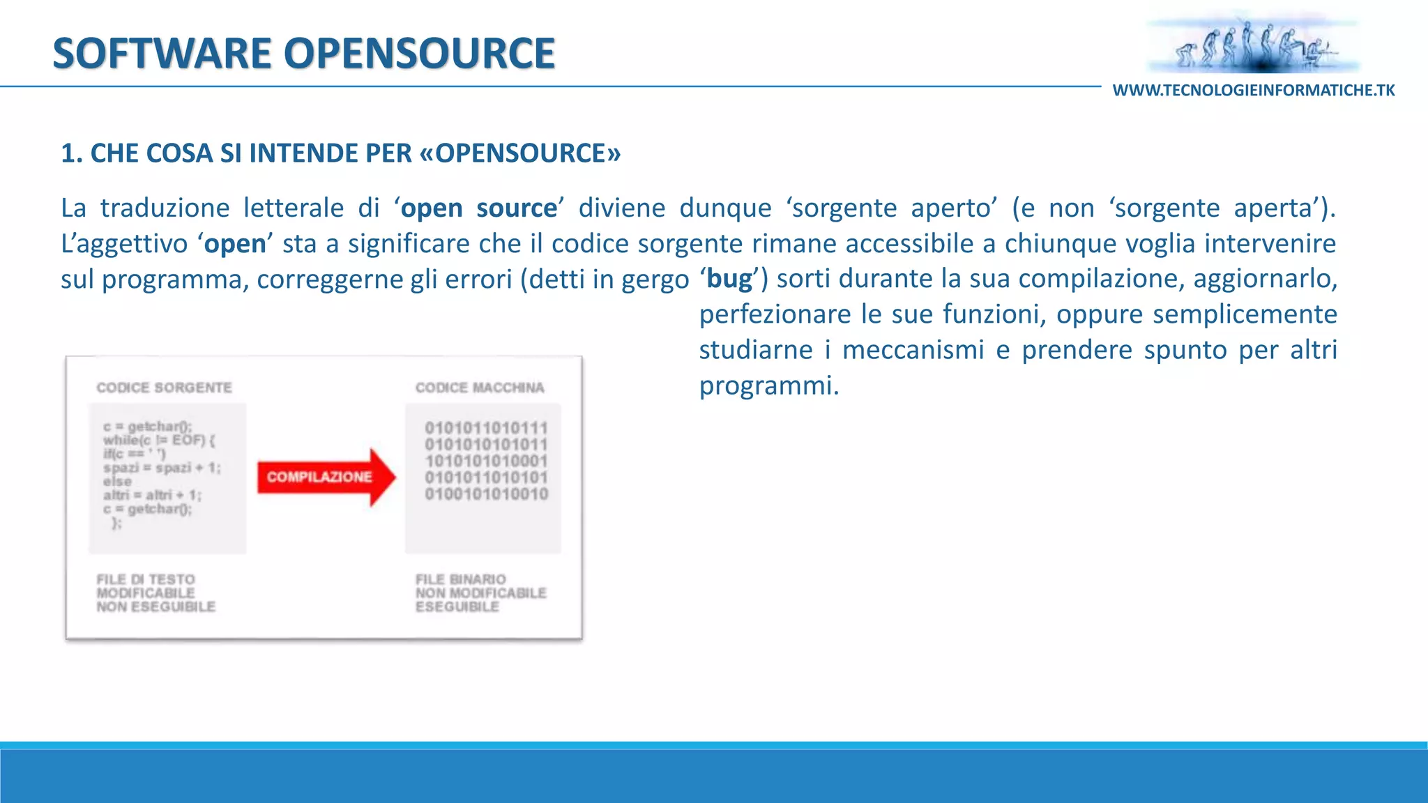SOFTWARE OPENSOURCE
La traduzione letterale di ‘open source’ diviene dunque ‘sorgente aperto’ (e non ‘sorgente aperta’).
L’aggettivo ‘open’ sta a significare che il codice sorgente rimane accessibile a chiunque voglia intervenire
sul programma, correggerne gli errori (detti in gergo ‘bug’) sorti durante la sua compilazione, aggiornarlo,
perfezionare le sue funzioni, oppure semplicemente
studiarne i meccanismi e prendere spunto per altri
programmi.
WWW.TECNOLOGIEINFORMATICHE.TK
1. CHE COSA SI INTENDE PER «OPENSOURCE»
 