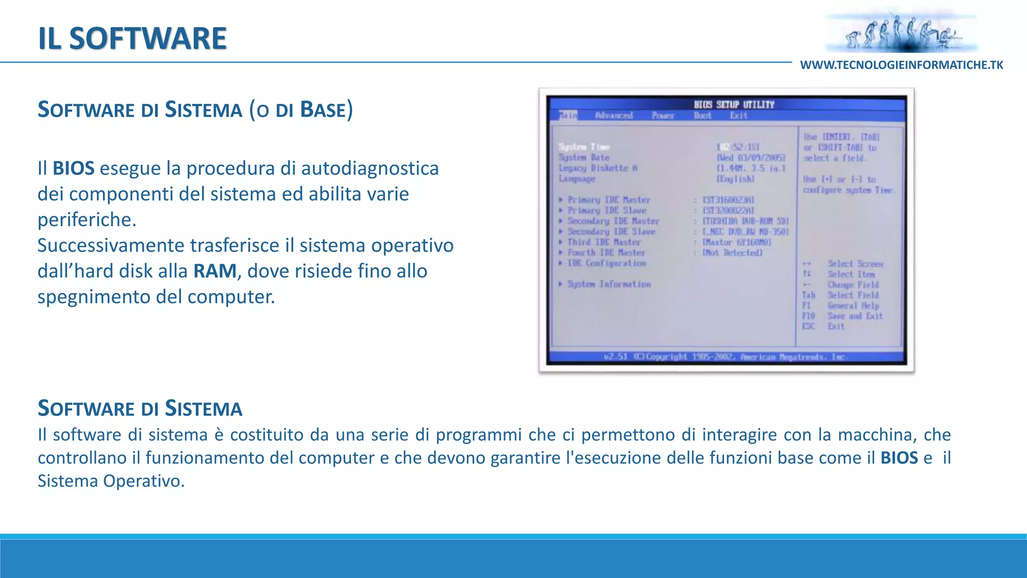 SOFTWARE DI SISTEMA
Il software di sistema è costituito da una serie di programmi che ci permettono di interagire con la macchina, che
controllano il funzionamento del computer e che devono garantire l'esecuzione delle funzioni base come il BIOS e il
Sistema Operativo.
Il BIOS esegue la procedura di autodiagnostica
dei componenti del sistema ed abilita varie
periferiche.
Successivamente trasferisce il sistema operativo
dall’hard disk alla RAM, dove risiede fino allo
spegnimento del computer.
IL SOFTWARE
WWW.TECNOLOGIEINFORMATICHE.TK
SOFTWARE DI SISTEMA (o DI BASE)
 