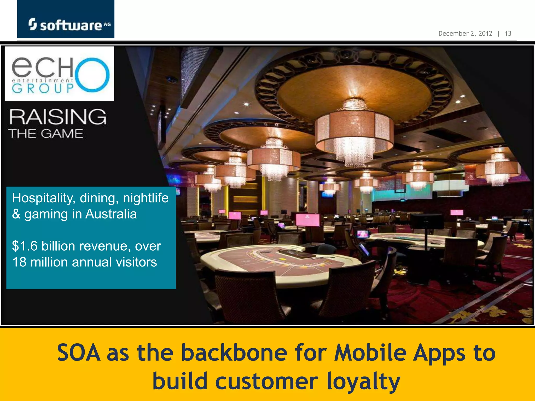 December 2, 2012 | 13




Hospitality, dining, nightlife
& gaming in Australia

$1.6 billion revenue, over
18 million annual visitors




        SOA as the backbone for Mobile Apps to
                build customer loyalty
 