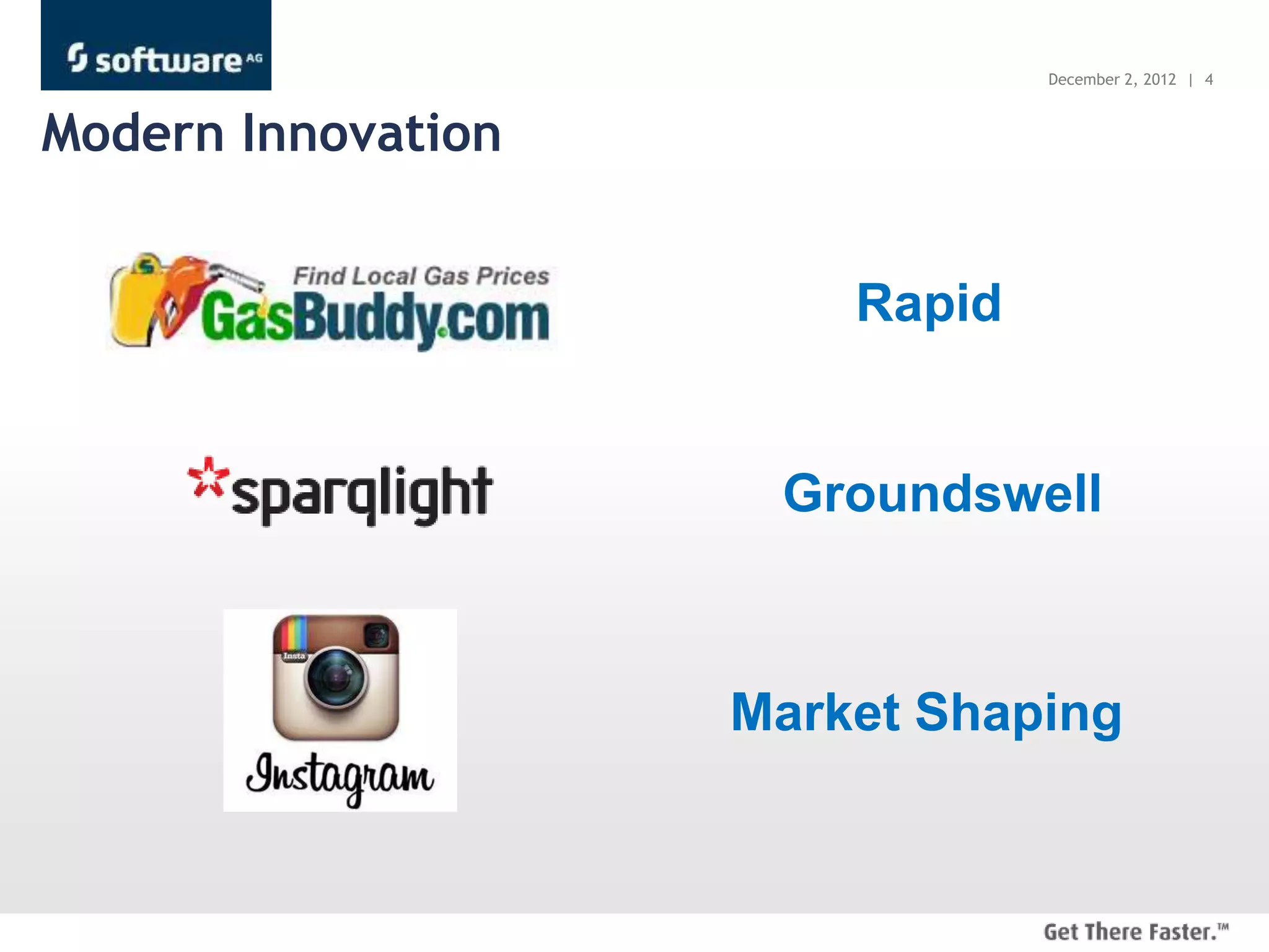 December 2, 2012 | 4



Modern Innovation


                        Rapid


                     Groundswell



                    Market Shaping
 