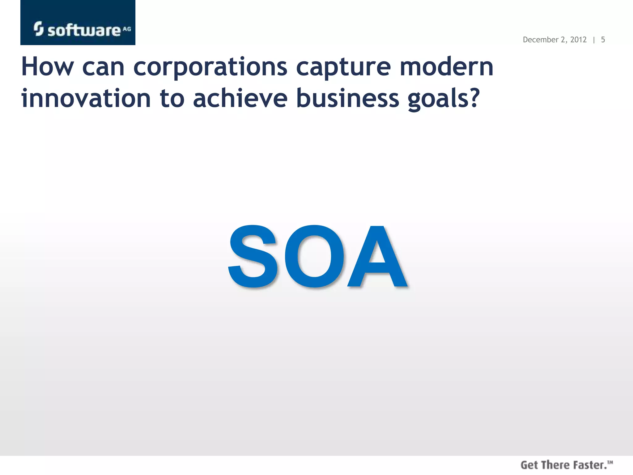 December 2, 2012 | 5



How can corporations capture modern
innovation to achieve business goals?




               SOA
 
