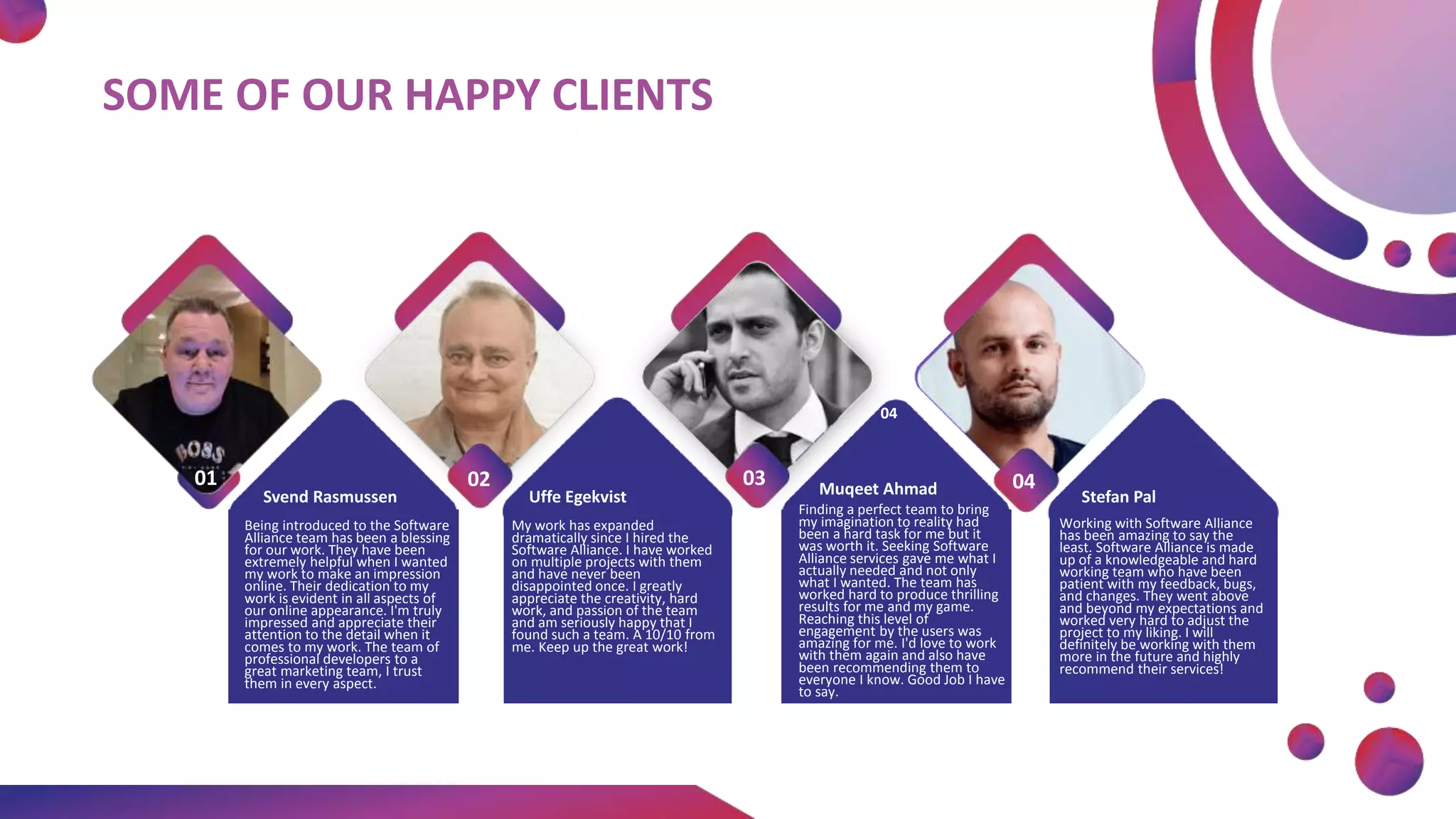 04
My work has expanded
dramatically since I hired the
Software Alliance. I have worked
on multiple projects with them
and have never been
disappointed once. I greatly
appreciate the creativity, hard
work, and passion of the team
and am seriously happy that I
found such a team. A 10/10 from
me. Keep up the great work!
02 03 04
Finding a perfect team to bring
my imagination to reality had
been a hard task for me but it
was worth it. Seeking Software
Alliance services gave me what I
actually needed and not only
what I wanted. The team has
worked hard to produce thrilling
results for me and my game.
Reaching this level of
engagement by the users was
amazing for me. I'd love to work
with them again and also have
been recommending them to
everyone I know. Good Job I have
to say.
01
Being introduced to the Software
Alliance team has been a blessing
for our work. They have been
extremely helpful when I wanted
my work to make an impression
online. Their dedication to my
work is evident in all aspects of
our online appearance. I'm truly
impressed and appreciate their
attention to the detail when it
comes to my work. The team of
professional developers to a
great marketing team, I trust
them in every aspect.
Working with Software Alliance
has been amazing to say the
least. Software Alliance is made
up of a knowledgeable and hard
working team who have been
patient with my feedback, bugs,
and changes. They went above
and beyond my expectations and
worked very hard to adjust the
project to my liking. I will
definitely be working with them
more in the future and highly
recommend their services!
Stefan Pal
Muqeet Ahmad
Uffe Egekvist
Svend Rasmussen
SOME OF OUR HAPPY CLIENTS
 