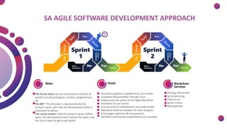SA AGILE SOFTWARE DEVELOPMENT APPROACH
Backlog refinement
Sprint planning
Daily scrum
Sprint review
Retrospective
Visualizes progress, impediments, burn down
Complete Responsibility Through Trust
Implements the values of the Agile Manifesto
Facilitates Scrum events
Ensures work & impediments are made visible
Maintains external radiators of team progress
Encourages openness & transparency
Identifies and ensures impediments are resolved
The Scrum team can be comprised of all kinds of
people including designers, writers, programmers,
etc.
The BA*: The business is represented by the
product owner who tells the development what is
important to deliver
The scrum master: help the product owner define
value, the development team deliver the value, and
the scrum team to get to get better
Blockchain
Services
Roles Goals
 