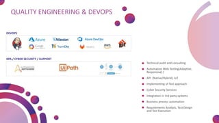 Technical audit and consulting
Automation Web Testing(Adaptive,
Responsive) /
API (Native/Hybrid), IoT
Implementing of Test approach
Cyber Security Services
Integration in 3rd party systems
Business process automation
Requirements Analysis, Test Design
and Test Execution
RPA / CYBER SECURITY / SUPPORT
DEVOPS
QUALITY ENGINEERING & DEVOPS
2
 
