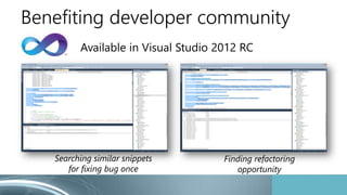 Benefiting developer community
Available in Visual Studio 2012 RC
Searching similar snippets
for fixing bug once
Finding r...
