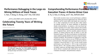 05/20/2022 MSR 2022 18
Performance Debugging in the Large via
Mining Millions of Stack Traces
S. Han, Y. Dong, D. Zhang, and T. Xie, ICSE 2012
Comprehending Performance from Real-World
Execution Traces: A Device-Driver Case
X. Yu, S. Han, D. Zhang, and T. Xie, ASPLOS 2014
as representative paper in 2012, 1 of 20 representative
papers (one paper a year)
 
