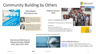 Community Building by Others
05/20/2022 MSR 2022 26
IEEE Software
2013 Special Issue
Dagstuhl Seminar
2014
International Workshop on
Software Analytics (SWAN)
2015, 2016, 2017, 2018
...
 