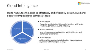 Cloud Intelligence
Using AI/ML technologies to effectively and efficiently design, build and
operate complex cloud services at scale
MSR 2022 32
Customers
Engineering
Services
• AI for System
Designing and building high-quality services with better
reliability, performance, and efficiency
• AI for Customers
Improving customer satisfaction with intelligence and
better user experiences
• AI for DevOps
Achieving high productivity in DevOps via empowering
engineers with intelligent tooling
05/20/2022
 