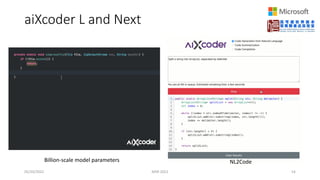 aiXcoder L and Next
05/20/2022 MSR 2022 54
Billion-scale model parameters NL2Code
 