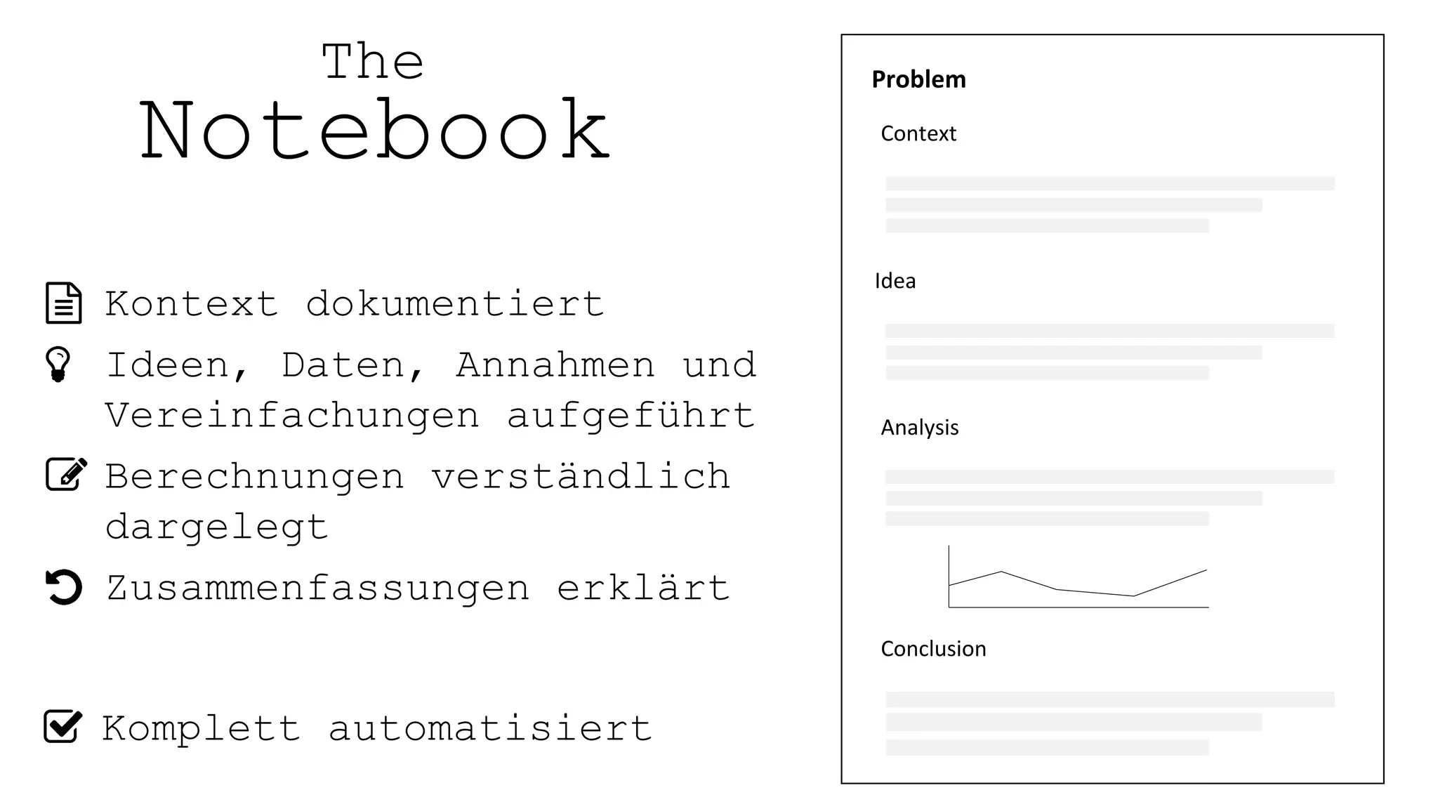 The
Notebook
Komplett automatisiert
Kontext dokumentiert
Ideen, Daten, Annahmen und
Vereinfachungen aufgeführt
Berechnungen verständlich
dargelegt
Zusammenfassungen erklärt
Context
Idea
Analysis
Conclusion
Problem
 