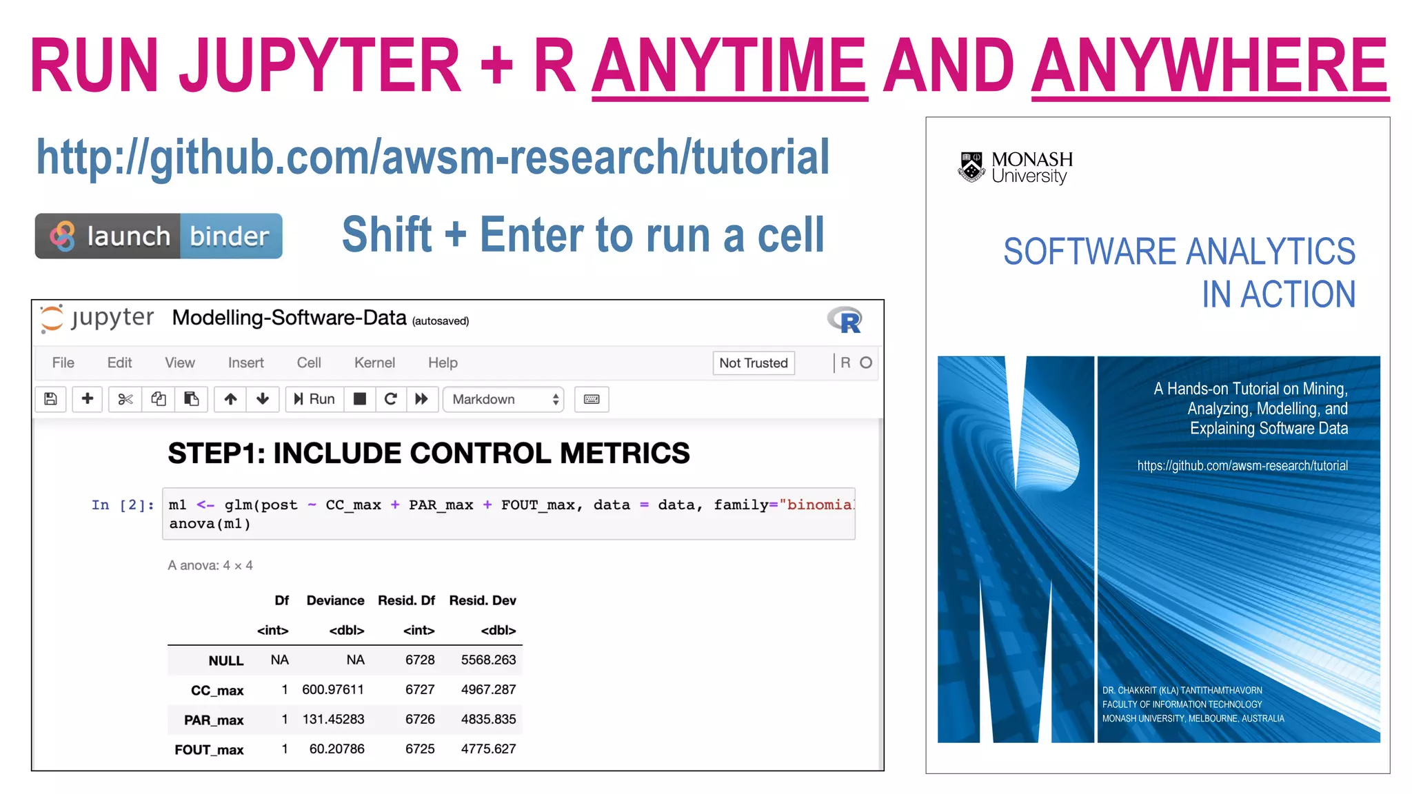 RUN JUPYTER + R ANYTIME AND ANYWHERE http://github.com/awsm-research/tutorial Shift + Enter to run a cell 