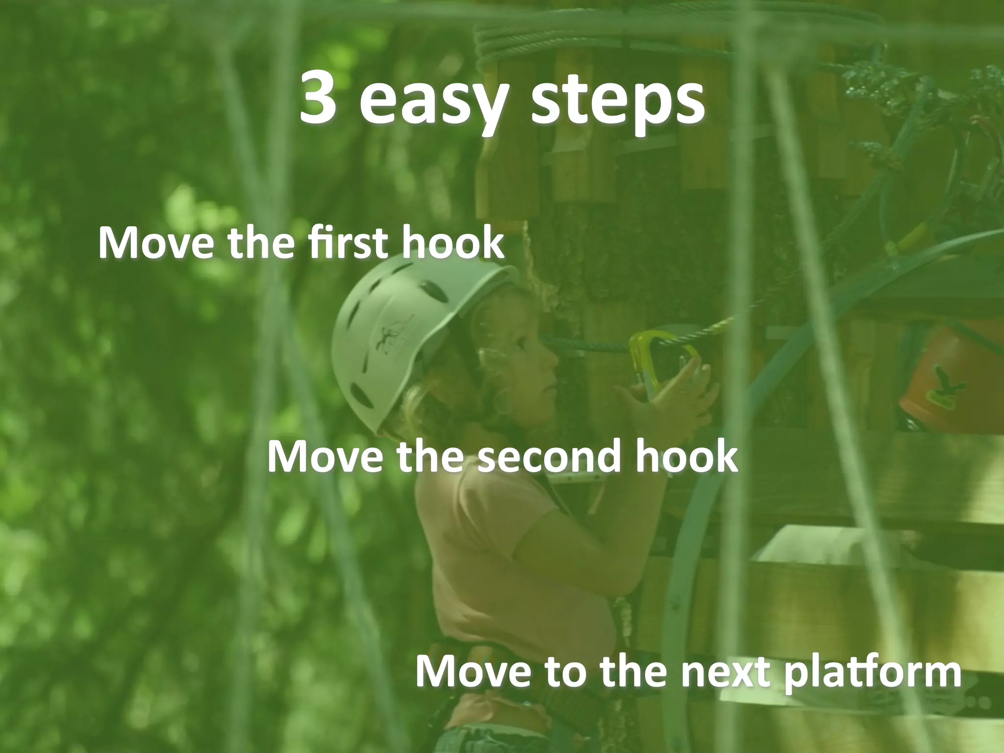 3 easy steps
Move the ﬁrst hook



       Move the second hook



             Move to the next plaorm
 