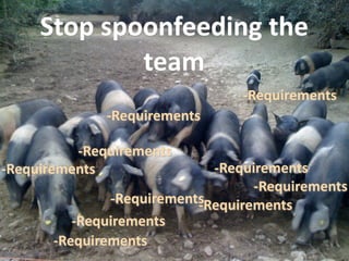 Stop spoonfeeding the 
             team
                                 ‐Requirements
              ‐Requirements

          ‐Requirements
‐Requirements                ‐Requirements
                                   ‐Requirements
               ‐Requirements
                           ‐Requirements
          ‐Requirements
       ‐Requirements
 