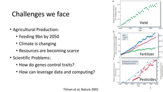 Challenges	we	face
• Agricultural	Production:	
• Feeding	9bn	by	2050	
• Climate	is	changing	
• Resources	are	becoming	scarce	
• Scientific	Problems:	
• How	do	genes	control	traits?	
• How	can	leverage	data	and	computing?
3Tilman	et	al,	Nature	2002
Yield
Fertilizer
Pesticides
 