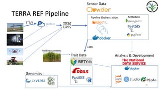 TERRA	REF	Pipeline
Field	measurements
Metadata
Trait	Data
Pipeline	Orchestration
Sensor	Data
Analysis	&	Development
1TB/d
<48h
Genomics
38
 