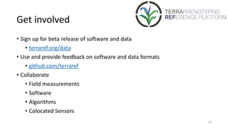 Get	involved
• Sign	up	for	beta	release	of	software	and	data		
• terraref.org/data	
• Use	and	provide	feedback	on	software	and	data	formats	
• github.com/terraref	
• Collaborate	
• Field	measurements	
• Software	
• Algorithms	
• Colocated	Sensors
68
 