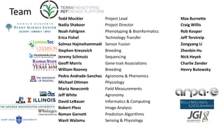 Todd	Mockler Project	Lead
Nadia	Shakoor Project	Director
Noah	Fahlgren Phenotyping	&	Bioinformatics
Erica	Fishel Technology	Transfer
Solmaz	Hajmohammadi Sensor	Fusion
Stephen	Kresovich Breeding
Jeremy	Schmutz Sequencing
Geoff	Morris Gene-trait	Associations
William	Rooney Breeding
Pedro	Andrade-Sanchez Agronomy	&	Phenomics
Michael	Ottman Physiology
Maria	Newcomb Field	Measurements
Jeff	White Agronomy
David	LeBauer Informatics	&	Computing
Robert	Pless Image	Analysis
Roman	Garnett Prediction	Algorithms
Wasit	Walamu Sensing	&	Physiology
Max	Burnette
Craig	Willis
Rob	Kooper
Jeff	Terstreip
Zongyang	Li
Zhenbin	Hu
Nick	Heyek
Charlie	Zender
Henry	Butowsky
Team
77
 