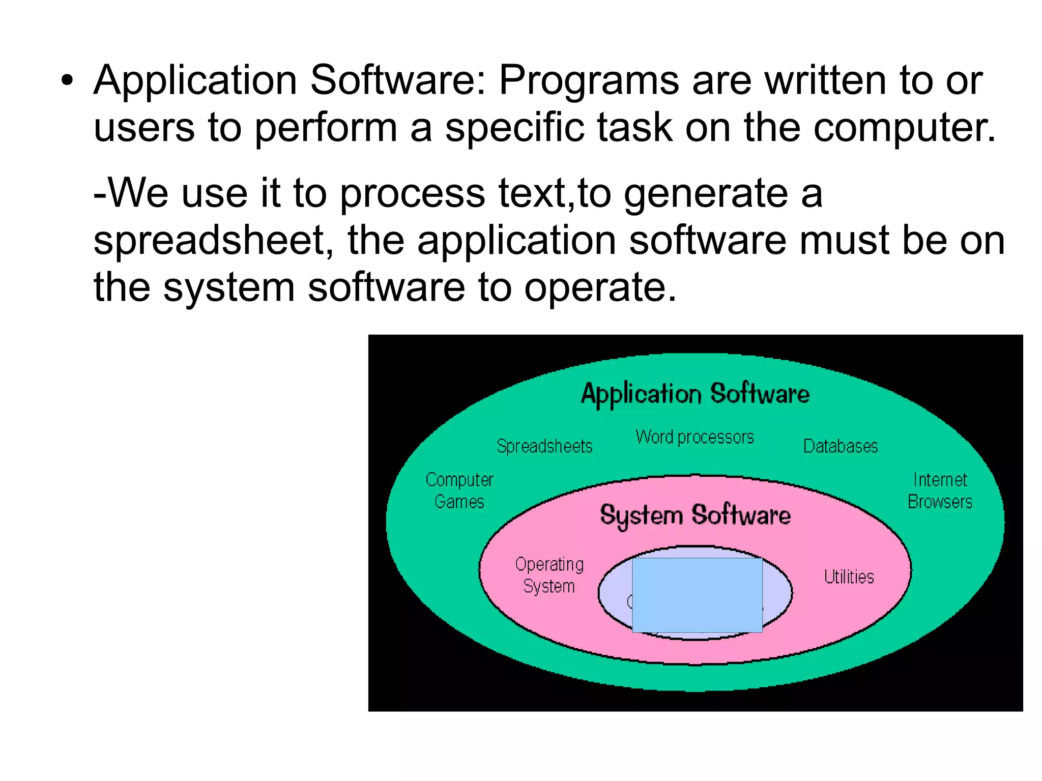 ● Application Software: Programs are written to or
users to perform a specific task on the computer.
-We use it to process text,to generate a
spreadsheet, the application software must be on
the system software to operate.
 