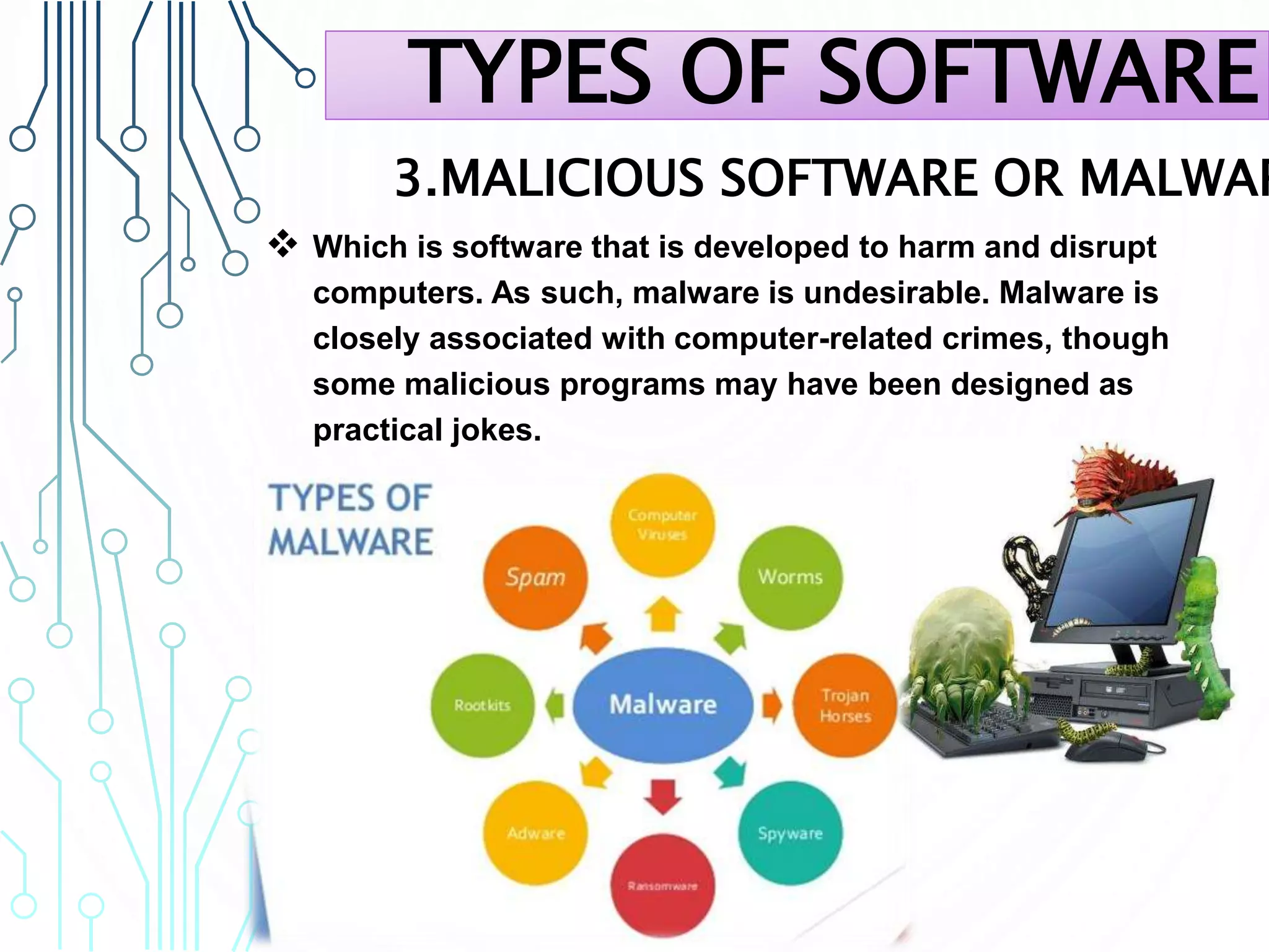 3.MALICIOUS SOFTWARE OR MALWAR
 Which is software that is developed to harm and disrupt
computers. As such, malware is undesirable. Malware is
closely associated with computer-related crimes, though
some malicious programs may have been designed as
practical jokes.
TYPES OF SOFTWARE
 