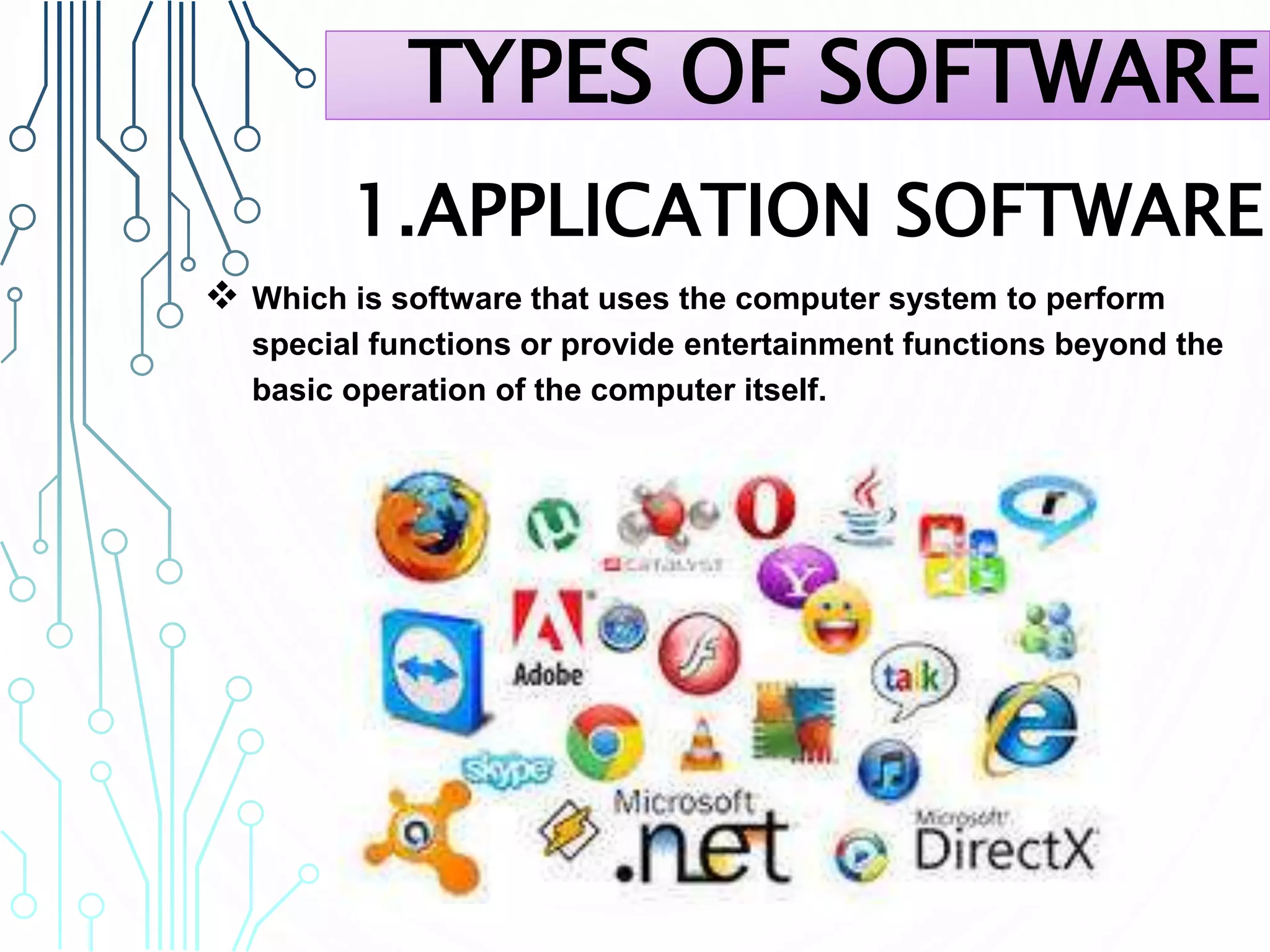 1.APPLICATION SOFTWARE
 Which is software that uses the computer system to perform
special functions or provide entertainment functions beyond the
basic operation of the computer itself.
TYPES OF SOFTWARE
 