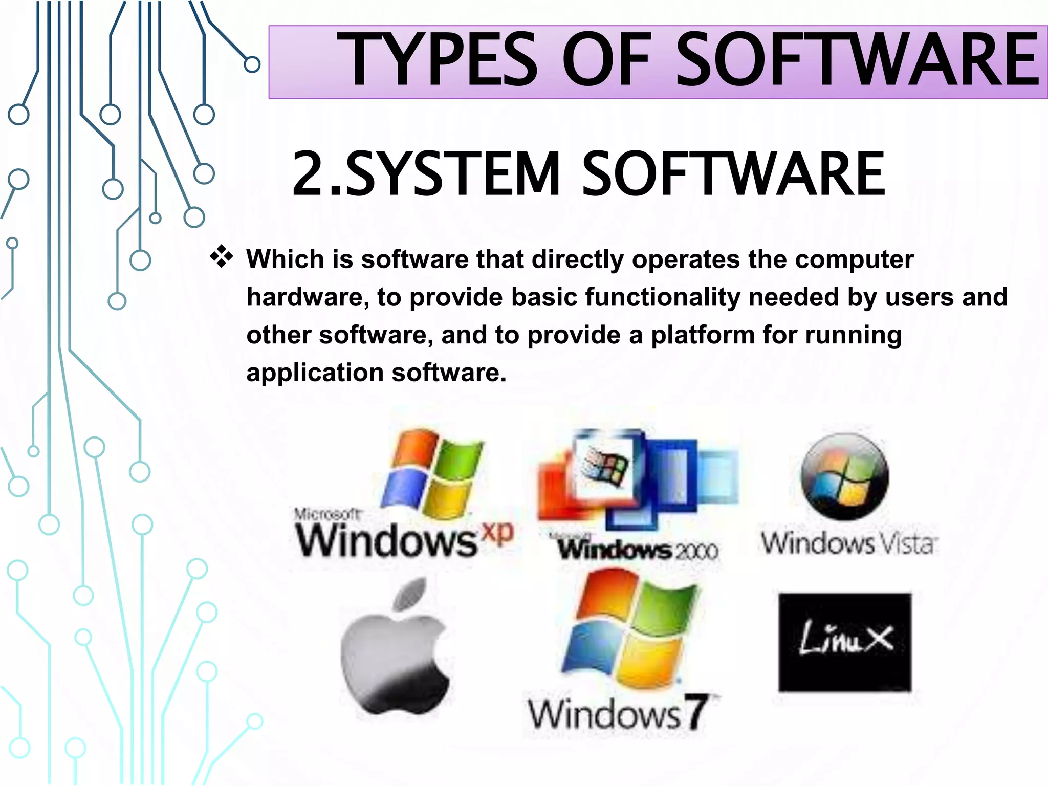 2.SYSTEM SOFTWARE
 Which is software that directly operates the computer
hardware, to provide basic functionality needed by users and
other software, and to provide a platform for running
application software.
TYPES OF SOFTWARE
 