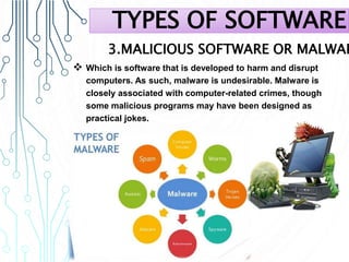 3.MALICIOUS SOFTWARE OR MALWAR
 Which is software that is developed to harm and disrupt
computers. As such, malware is undesirable. Malware is
closely associated with computer-related crimes, though
some malicious programs may have been designed as
practical jokes.
TYPES OF SOFTWARE
 