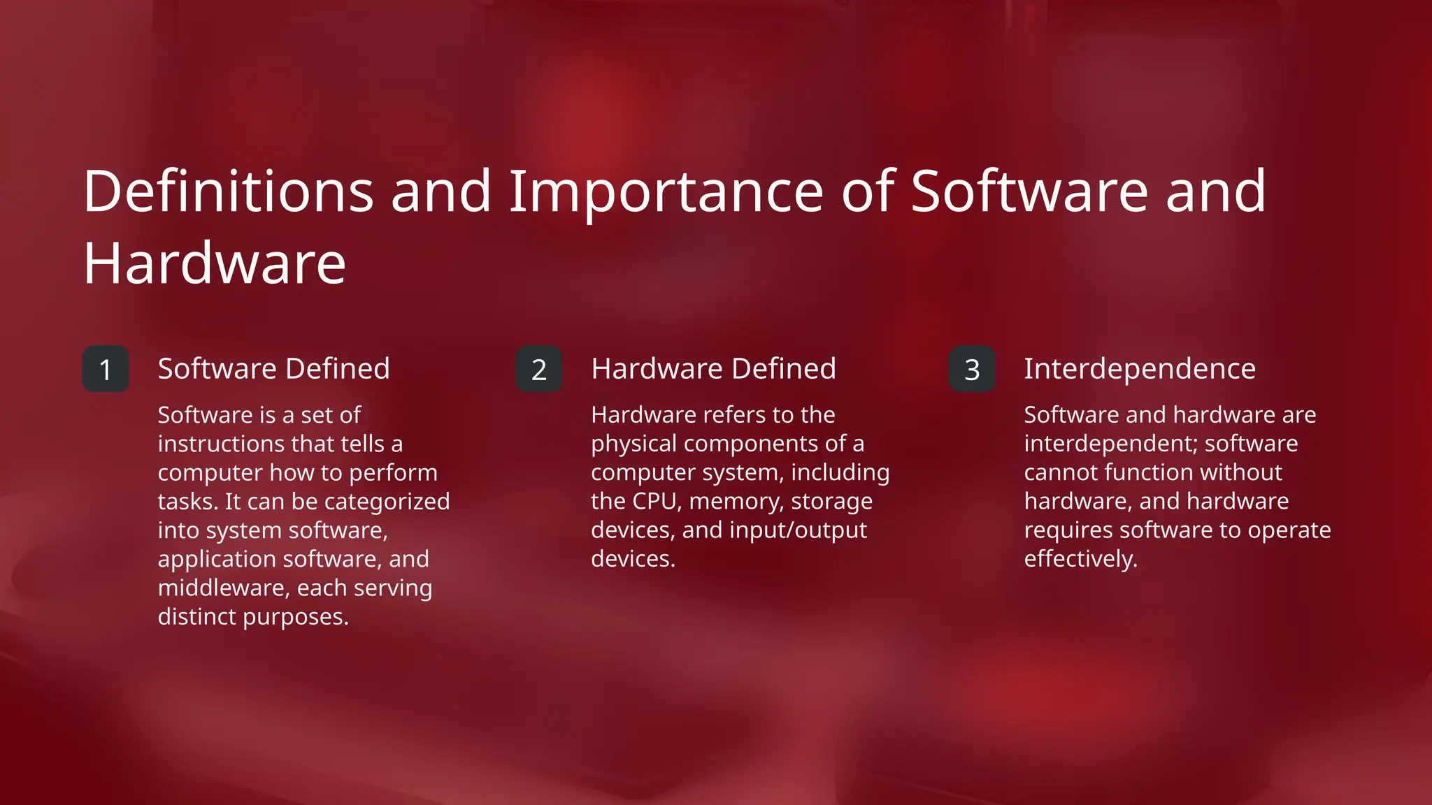 Definitions and Importance of Software and
Hardware
1 Software Defined
Software is a set of
instructions that tells a
computer how to perform
tasks. It can be categorized
into system software,
application software, and
middleware, each serving
distinct purposes.
2 Hardware Defined
Hardware refers to the
physical components of a
computer system, including
the CPU, memory, storage
devices, and input/output
devices.
3 Interdependence
Software and hardware are
interdependent; software
cannot function without
hardware, and hardware
requires software to operate
effectively.
 