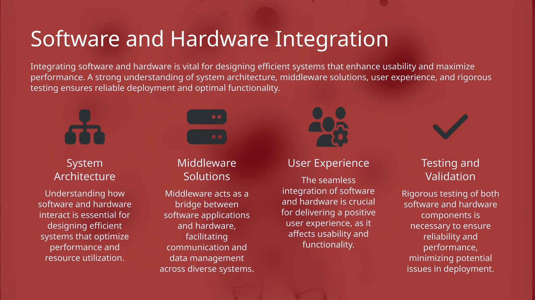 Software and Hardware Integration
Integrating software and hardware is vital for designing efficient systems that enhance usability and maximize
performance. A strong understanding of system architecture, middleware solutions, user experience, and rigorous
testing ensures reliable deployment and optimal functionality.
System
Architecture
Understanding how
software and hardware
interact is essential for
designing efficient
systems that optimize
performance and
resource utilization.
Middleware
Solutions
Middleware acts as a
bridge between
software applications
and hardware,
facilitating
communication and
data management
across diverse systems.
User Experience
The seamless
integration of software
and hardware is crucial
for delivering a positive
user experience, as it
affects usability and
functionality.
Testing and
Validation
Rigorous testing of both
software and hardware
components is
necessary to ensure
reliability and
performance,
minimizing potential
issues in deployment.
 