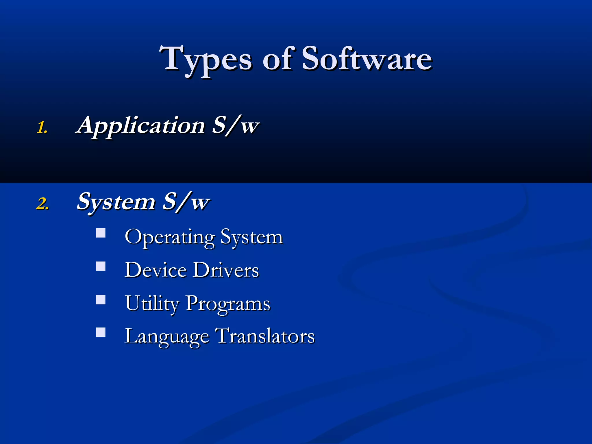 Types of SoftwareTypes of Software
1.1. Application S/wApplication S/w
2.2. System S/wSystem S/w
 Operating SystemOperating System
 Device DriversDevice Drivers
 Utility ProgramsUtility Programs
 Language TranslatorsLanguage Translators
 