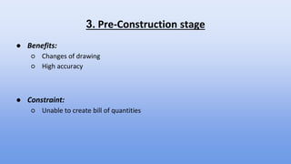 3. Pre-Construction stage
● Benefits:
○ Changes of drawing
○ High accuracy
● Constraint:
○ Unable to create bill of quantities
 