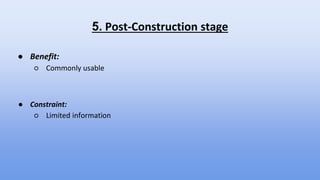 5. Post-Construction stage
● Benefit:
○ Commonly usable
● Constraint:
○ Limited information
 