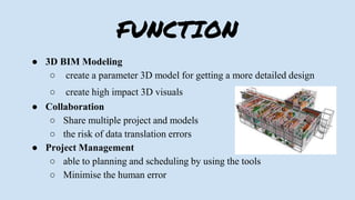 FUNCTION
● 3D BIM Modeling
○ create a parameter 3D model for getting a more detailed design
○ create high impact 3D visuals
● Collaboration
○ Share multiple project and models
○ the risk of data translation errors
● Project Management
○ able to planning and scheduling by using the tools
○ Minimise the human error
 